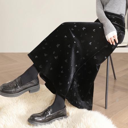 FA49026# 高级感穿搭丝绒蝴蝶中长半身裙加绒a字梨型身材遮胯小个子秋冬裙 服裝批發女裝批發服飾貨源