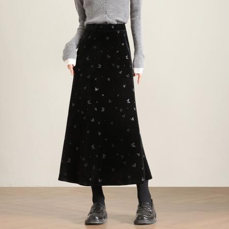 FA49026# 高级感穿搭丝绒蝴蝶中长半身裙加绒a字梨型身材遮胯小个子秋冬裙 服裝批發女裝批發服飾貨源