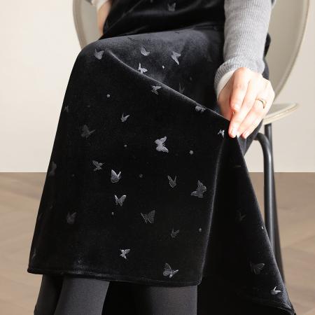 FA49026# 高级感穿搭丝绒蝴蝶中长半身裙加绒a字梨型身材遮胯小个子秋冬裙 服裝批發女裝批發服飾貨源