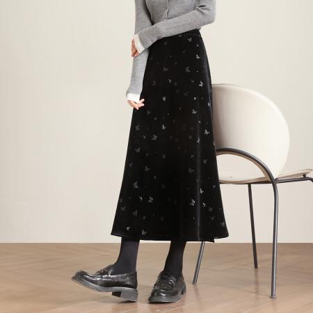 FA49026# 高级感穿搭丝绒蝴蝶中长半身裙加绒a字梨型身材遮胯小个子秋冬裙 服裝批發女裝批發服飾貨源