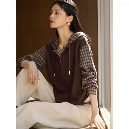 FA49027# XWI复古格纹拼接卫衣秋冬磨毛松弛感显瘦假两件连帽卫衣 服裝批發女裝批發服飾貨源