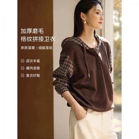FA49027# XWI复古格纹拼接卫衣秋冬磨毛松弛感显瘦假两件连帽卫衣 服裝批發女裝批發服飾貨源