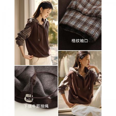 FA49027# XWI复古格纹拼接卫衣秋冬磨毛松弛感显瘦假两件连帽卫衣 服裝批發女裝批發服飾貨源