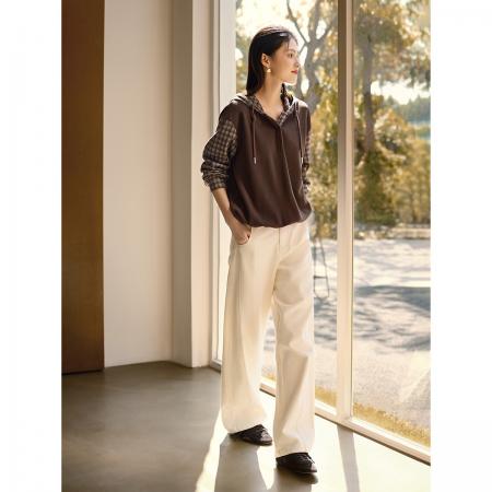 FA49027# XWI复古格纹拼接卫衣秋冬磨毛松弛感显瘦假两件连帽卫衣 服裝批發女裝批發服飾貨源