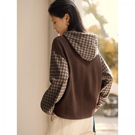 FA49027# XWI复古格纹拼接卫衣秋冬磨毛松弛感显瘦假两件连帽卫衣 服裝批發女裝批發服飾貨源