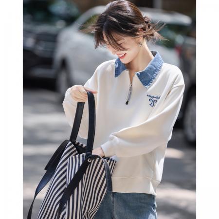 FA49029# 文艺风撞色翻领拼接假两件卫衣25年秋新时尚绣花上衣 服裝批發女裝批發服飾貨源