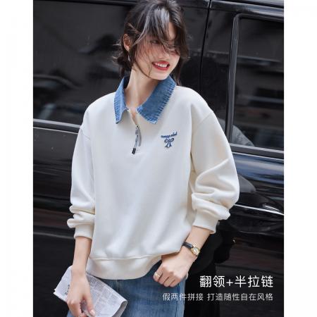 FA49029# 文艺风撞色翻领拼接假两件卫衣25年秋新时尚绣花上衣 服裝批發女裝批發服飾貨源