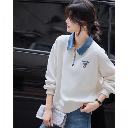 FA49029# 文艺风撞色翻领拼接假两件卫衣25年秋新时尚绣花上衣 服裝批發女裝批發服飾貨源