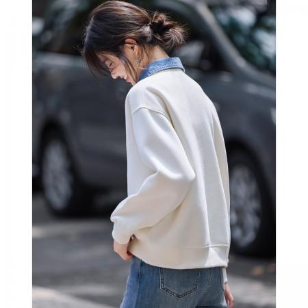 FA49029# 文艺风撞色翻领拼接假两件卫衣25年秋新时尚绣花上衣 服裝批發女裝批發服飾貨源