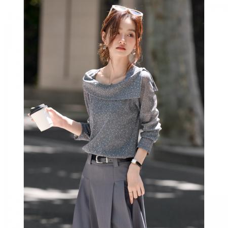 FA49030# 气质淑女大翻领波点印花T恤25年秋新气质修身长袖上衣 服裝批發女裝批發服飾貨源