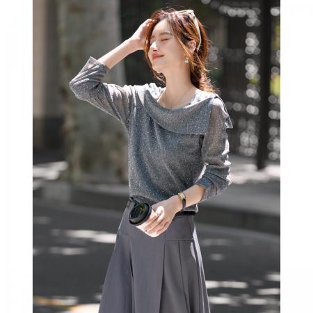 FA49030# 气质淑女大翻领波点印花T恤25年秋新气质修身长袖上衣 服裝批發女裝批發服飾貨源