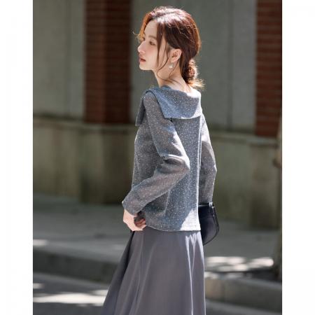 FA49030# 气质淑女大翻领波点印花T恤25年秋新气质修身长袖上衣 服裝批發女裝批發服飾貨源