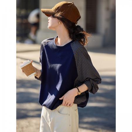 FA49031# 别致法式复古设计感秋季时尚条纹拼接假两件休闲卫衣 服裝批發女裝批發服飾貨源