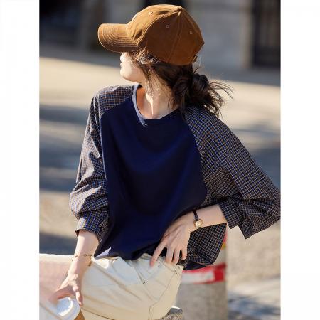 FA49031# 别致法式复古设计感秋季时尚条纹拼接假两件休闲卫衣 服裝批發女裝批發服飾貨源