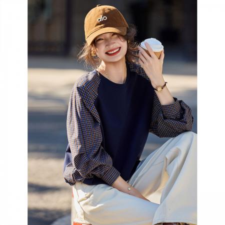 FA49031# 别致法式复古设计感秋季时尚条纹拼接假两件休闲卫衣 服裝批發女裝批發服飾貨源