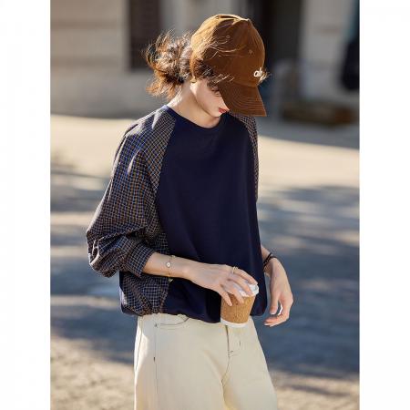 FA49031# 别致法式复古设计感秋季时尚条纹拼接假两件休闲卫衣 服裝批發女裝批發服飾貨源