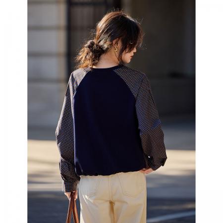 FA49031# 别致法式复古设计感秋季时尚条纹拼接假两件休闲卫衣 服裝批發女裝批發服飾貨源