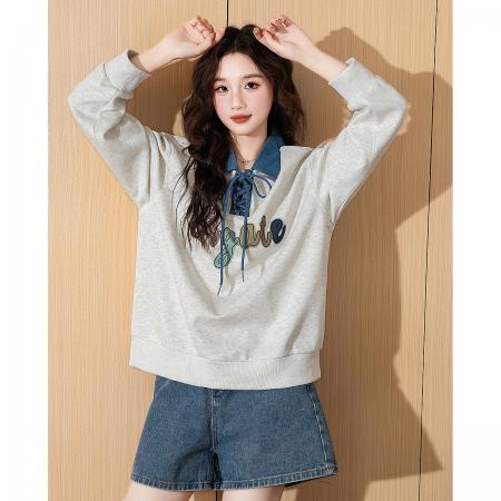 FA49032# 秋款女款卫衣女上衣翻领撞色前胸字母女士卫衣高级感洋气 服裝批發女裝批發服飾貨源