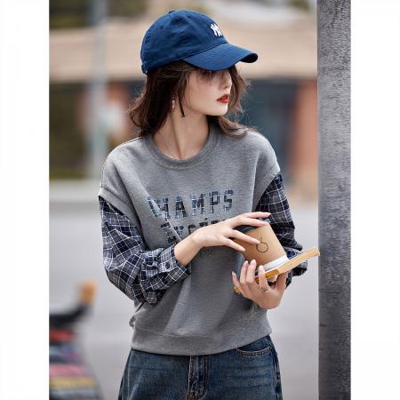 FA49034# 假两件秋季减龄气质格纹宽松拼接套头拼色卫衣 服裝批發女裝批發服飾貨源