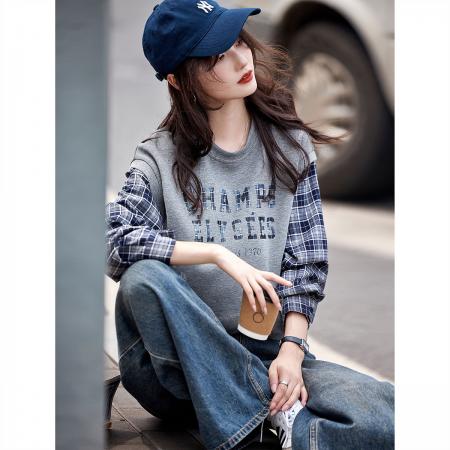 FA49034# 假两件秋季减龄气质格纹宽松拼接套头拼色卫衣 服裝批發女裝批發服飾貨源