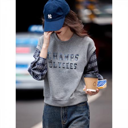 FA49034# 假两件秋季减龄气质格纹宽松拼接套头拼色卫衣 服裝批發女裝批發服飾貨源