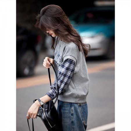 FA49034# 假两件秋季减龄气质格纹宽松拼接套头拼色卫衣 服裝批發女裝批發服飾貨源