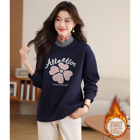 FA49037# 半高领时尚刺绣卫衣秋冬新款加绒加厚百搭宽松显瘦上衣女 服裝批發女裝批發服飾貨源