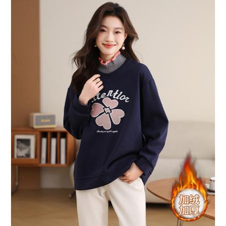 FA49037# 半高领时尚刺绣卫衣秋冬新款加绒加厚百搭宽松显瘦上衣女 服裝批發女裝批發服飾貨源