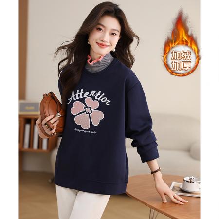 FA49037# 半高领时尚刺绣卫衣秋冬新款加绒加厚百搭宽松显瘦上衣女 服裝批發女裝批發服飾貨源