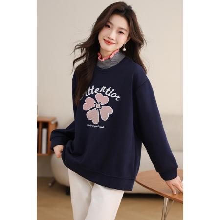 FA49037# 半高领时尚刺绣卫衣秋冬新款加绒加厚百搭宽松显瘦上衣女 服裝批發女裝批發服飾貨源