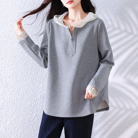 FA49038# 秋季新款宽松显瘦重工蕾丝拼接套头百搭时尚长袖连帽卫衣 服裝批發女裝批發服飾貨源