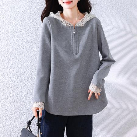 FA49038# 秋季新款宽松显瘦重工蕾丝拼接套头百搭时尚长袖连帽卫衣 服裝批發女裝批發服飾貨源