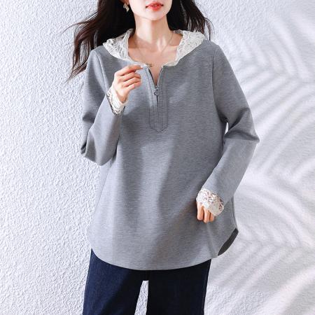 FA49038# 秋季新款宽松显瘦重工蕾丝拼接套头百搭时尚长袖连帽卫衣 服裝批發女裝批發服飾貨源