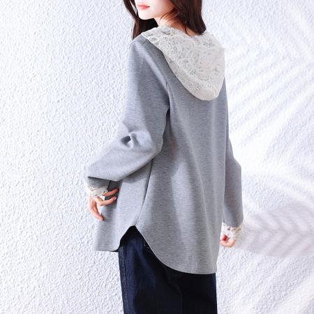 FA49038# 秋季新款宽松显瘦重工蕾丝拼接套头百搭时尚长袖连帽卫衣 服裝批發女裝批發服飾貨源