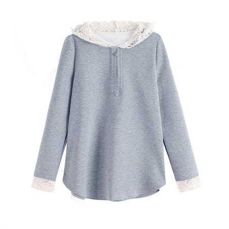 FA49038# 秋季新款宽松显瘦重工蕾丝拼接套头百搭时尚长袖连帽卫衣 服裝批發女裝批發服飾貨源