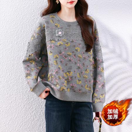 FA49040# 碎花蕾丝拼接加绒加厚印花休闲卫衣宽松时尚气质百搭无帽上衣 服裝批發女裝批發服飾貨源
