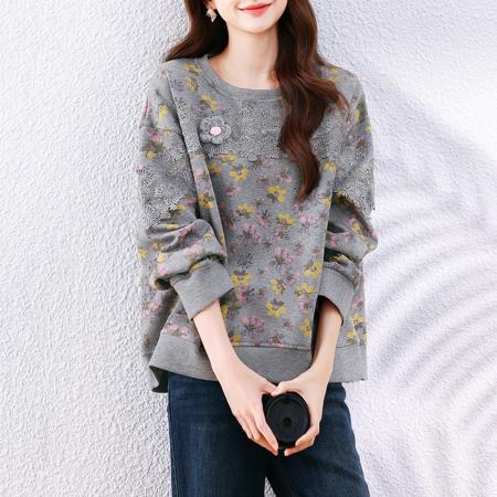 FA49040# 碎花蕾丝拼接加绒加厚印花休闲卫衣宽松时尚气质百搭无帽上衣 服裝批發女裝批發服飾貨源