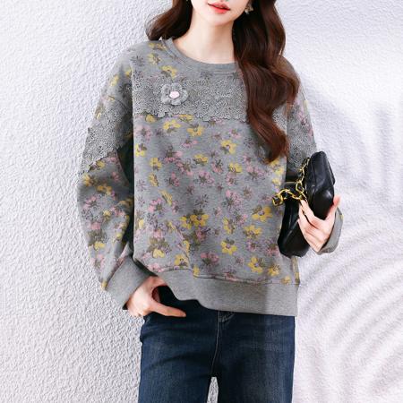 FA49040# 碎花蕾丝拼接加绒加厚印花休闲卫衣宽松时尚气质百搭无帽上衣 服裝批發女裝批發服飾貨源