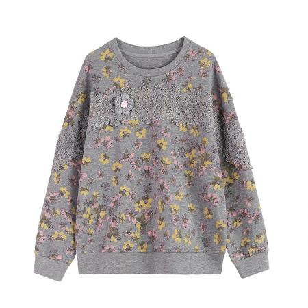 FA49040# 碎花蕾丝拼接加绒加厚印花休闲卫衣宽松时尚气质百搭无帽上衣 服裝批發女裝批發服飾貨源