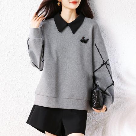 FA49041# 气质烫钻大码天鹅卫衣女新款春秋时尚宽松减龄长袖上衣 服裝批發女裝批發服飾貨源