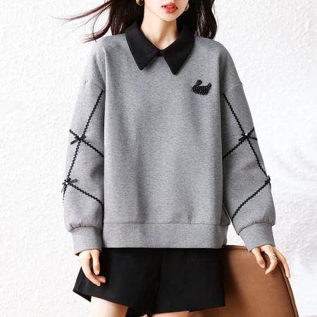 FA49041# 气质烫钻大码天鹅卫衣女新款春秋时尚宽松减龄长袖上衣 服裝批發女裝批發服飾貨源