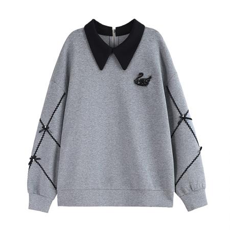 FA49041# 气质烫钻大码天鹅卫衣女新款春秋时尚宽松减龄长袖上衣 服裝批發女裝批發服飾貨源