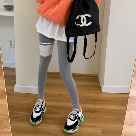 FA49044# 百搭高腰单腿宽条收身显瘦打底裤 服裝批發女裝批發服飾貨源