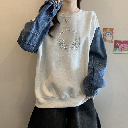 FA49045# 大码胖mm欧货牛仔拼接卫衣女秋冬款内搭设计感小众上衣 服裝批發女裝批發服飾貨源