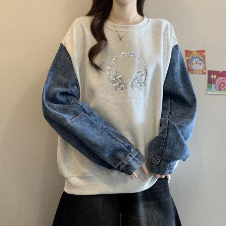 FA49045# 大码胖mm欧货牛仔拼接卫衣女秋冬款内搭设计感小众上衣 服裝批發女裝批發服飾貨源