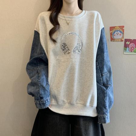 FA49045# 大码胖mm欧货牛仔拼接卫衣女秋冬款内搭设计感小众上衣 服裝批發女裝批發服飾貨源