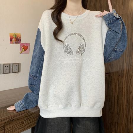 FA49045# 大码胖mm欧货牛仔拼接卫衣女秋冬款内搭设计感小众上衣 服裝批發女裝批發服飾貨源