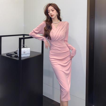 FA49047# 温柔风轻奢包臀裙气质名媛长袖连衣裙收腰显瘦高级感礼服 服裝批發女裝批發服飾貨源