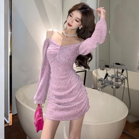 FA49048# 秋装新款性感露肩一字领吊带针织磨毛连衣裙修身包臀打短裙 服裝批發女裝批發服飾貨源