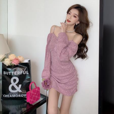 FA49048# 秋装新款性感露肩一字领吊带针织磨毛连衣裙修身包臀打短裙 服裝批發女裝批發服飾貨源